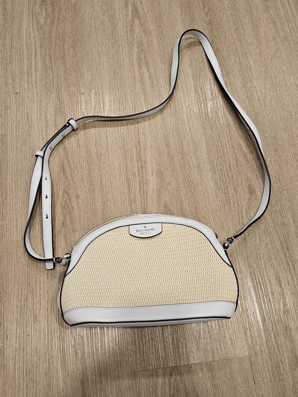 Kate Spade Straw Woven Leather Dome Crossbody Bag White Natural Tan
